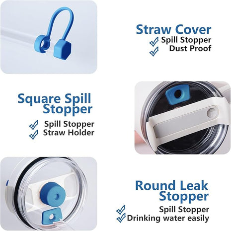 Silicone Spill Stopper Set Compatible with Stanley Cup 2.0 30oz & 40oz with Straw Cover (Set of 2, Azure)