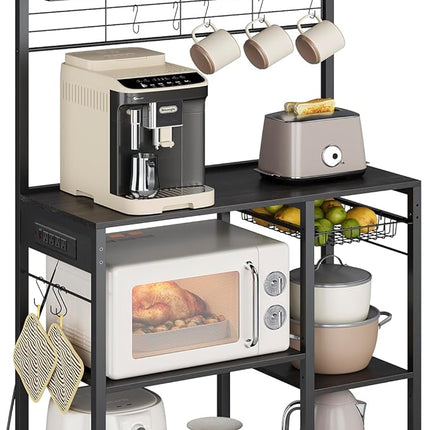 VASAGLE Bakers Rack with Power Outlet, 35.4 Inches Microwave Stand, Coffee Bar, 4 AC Outlets, with Adjustable Shelves, 8 S-Hooks, Basket, Spice Racks, Charcoal Gray and Ink Black UKKS031B22