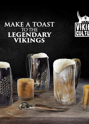Viking Culture Ox Horn Mug, Shot Glass, and Bottle Opener (3 Pc. Set) Authentic 16-oz. Ale, Mead, and Beer Tankard | Vintage Stein with Handle | Custom Intricate Design - Polished Finish | The Ring