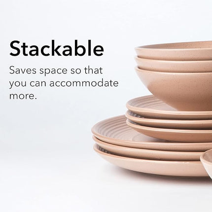 RINGAR Round Stoneware 16pc Double Bowl Dinnerware Set for 4, Dinner Plates, Side Plates, Cereal Bowls, Pasta Bowls - Speckle Matte Coral (407490)