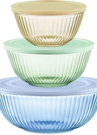 Pyrex Colors Tinted (3-Pack, Full Set) Sculpted Tinted Glass Mixing Bowls With Lids, Nesting Space Saving Set of Bowls For Prepping and Baking, 1.3QT, 2.3QT & 4.5Q