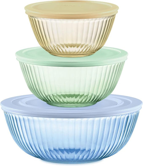 Pyrex Colors Tinted (3-Pack, Full Set) Sculpted Tinted Glass Mixing Bowls With Lids, Nesting Space Saving Set of Bowls For Prepping and Baking, 1.3QT, 2.3QT & 4.5Q