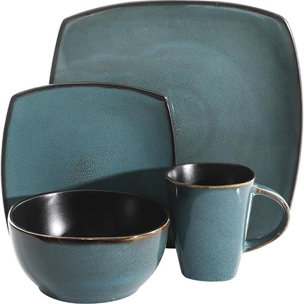 Gibson Elite Soho Lounge 16 Piece Reactive Glaze Dinnerware Set, Soft Square, Teal Green, Service for 4 (16pc)