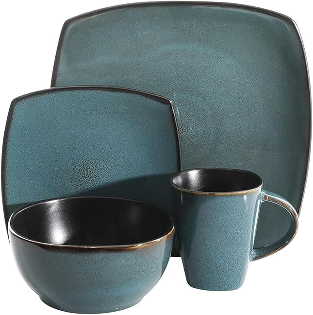 Gibson Elite Soho Lounge 16 Piece Reactive Glaze Dinnerware Set, Soft Square, Teal Green, Service for 4 (16pc)