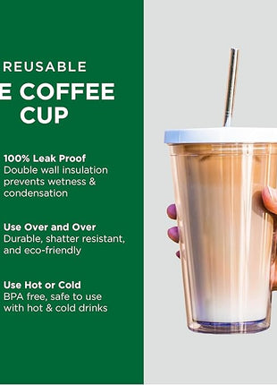 Reusable Iced Coffee Cup (16 Oz/Grande), Leak Proof and Double Wall Insulated Iced Coffee Tumbler, Come with Reusable Plastic and Metal Straws and Straw Cleaner - White