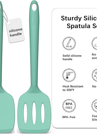 Coukre 2 Pack Silicone Spatula Set, High Heat Resistant, BPA Free Kitchen Spatula, Solid & Slotted Turner for Non-Stick Pans, Sautéing, and Flipping (2, PureAquaGreen)