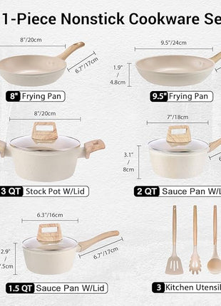 Pots and Pans Set Non Stick, 11pcs Ceramic Cookware Set, Non Toxic Induction Kitchen Cookware Sets, Nonstick Cooking Set with Stay Cool Handle, 100% PFOA Free, Cream