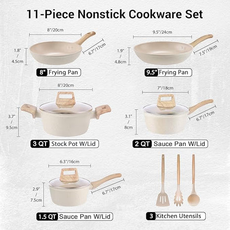 Pots and Pans Set Non Stick, 11pcs Ceramic Cookware Set, Non Toxic Induction Kitchen Cookware Sets, Nonstick Cooking Set with Stay Cool Handle, 100% PFOA Free, Cream
