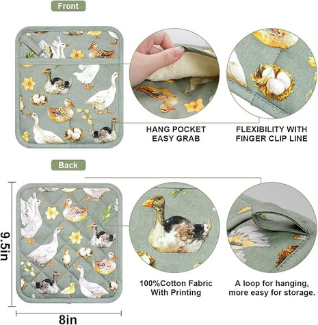 Pot Holders Set of 2 Heat Resistant 480℉ Kitchen 100% Cotton Comfortable Lining Printing Teal Flower Women Men Home Cooking Baking Microwave BBQ Gift (Teal potholders)