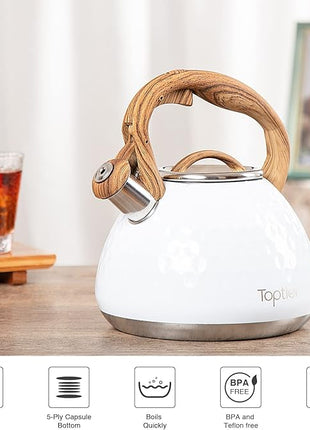 Tea Kettle, Toptier Teapot Whistling Kettle with Wood Pattern Handle Loud Whistle, Food Grade Stainless Steel Tea Pot for Stovetops Induction Diamond Design Water Kettle, 2.7-Quart White