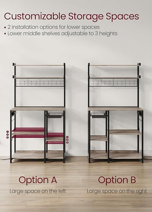 VASAGLE Bakers Rack with Power Outlet, 35.4 Inches Microwave Stand, Coffee Bar, 4 AC Outlets, with Adjustable Shelves, 8 S-Hooks, Basket, Spice Racks, Heather Greige and Ink Black UKKS031K02
