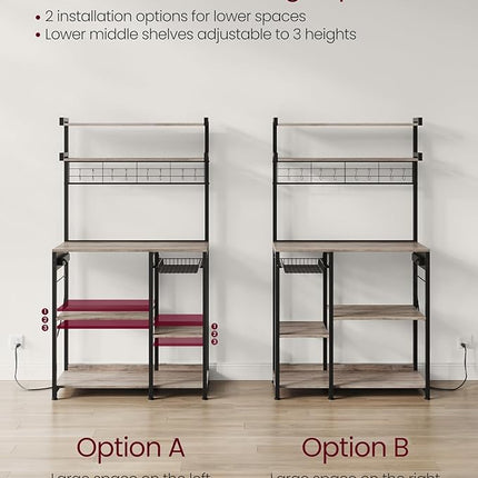 VASAGLE Bakers Rack with Power Outlet, 35.4 Inches Microwave Stand, Coffee Bar, 4 AC Outlets, with Adjustable Shelves, 8 S-Hooks, Basket, Spice Racks, Heather Greige and Ink Black UKKS031K02