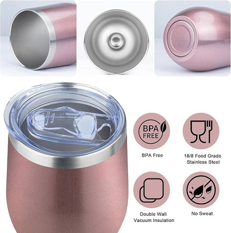 MEZMUT 12 Oz Insulated Wine Tumbler with Lid Double Wall Vacuum Stainless Steel Wine Glass Coffee Mug Insulated Tumbler Cup for Champaign, Cocktail, Beer (Rose Gold, 4 Pack)