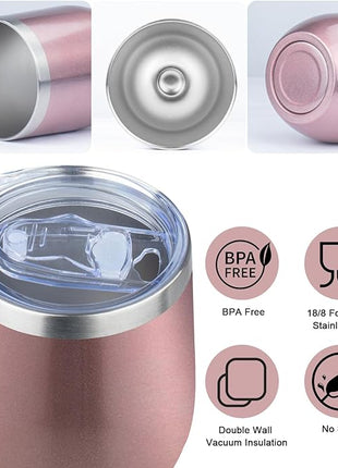 MEZMUT 12 Oz Insulated Wine Tumbler with Lid Double Wall Vacuum Stainless Steel Wine Glass Coffee Mug Insulated Tumbler Cup for Champaign, Cocktail, Beer (Rose Gold, 6 Pack)