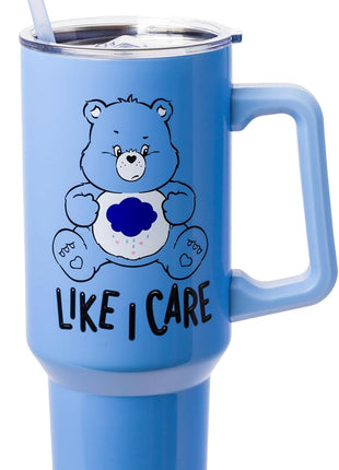 Silver Buffalo Care Bears Grumpy Bear Like I Care Stainless Steel Tumbler with Handle and Straw, Fits in Standard Cup Holder, 40 Ounces