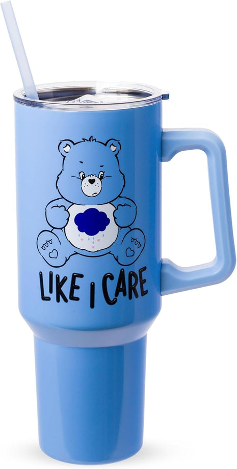 Silver Buffalo Care Bears Grumpy Bear Like I Care Stainless Steel Tumbler with Handle and Straw, Fits in Standard Cup Holder, 40 Ounces