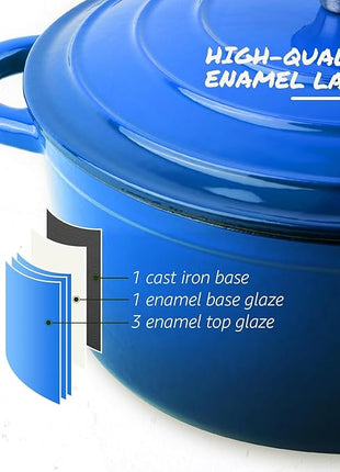 Overmont Enameled Cast Iron Dutch Oven - 5.5QT Pot with Lid Cookbook & Cotton Potholders - Heavy-Duty Cookware for Braising, Stews, Roasting, Bread Baking blue