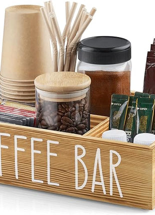 ALELION ALEION Brown Coffee Station Organizer - Wood Coffee Bar Accessories Organizer with Removable Dividers for Pods Condiment Syrup Tea Cups Stirrers - for Farmhouse Coutertop Decor