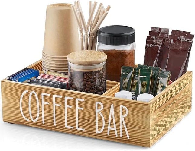 ALELION ALEION Brown Coffee Station Organizer - Wood Coffee Bar Accessories Organizer with Removable Dividers for Pods Condiment Syrup Tea Cups Stirrers - for Farmhouse Coutertop Decor