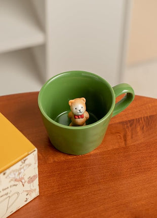 DIHOclub Bow Tie Bear Coffee Cup Hidden Ceramic Animal Inside Mug,Cute Cartoon Handmade Figurine Mugs,Holiday and Birthday Gift for Coffee Milk Tea Lovers,12 Oz(Green)