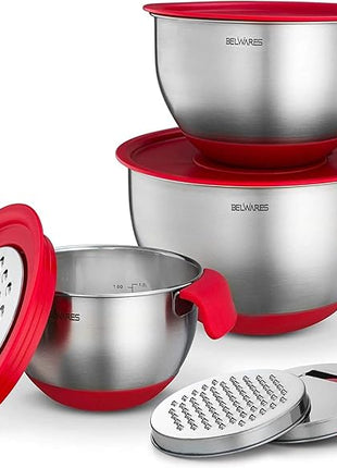 Belwares Mixing Bowls with Lids Set - 3-Piece Stainless Steel Nesting Bowls with Graters, Handles, and Airtight Lids - Non-Slip Mixing Bowls for Cooking, Baking, Prepping, and Food Storage (Red)