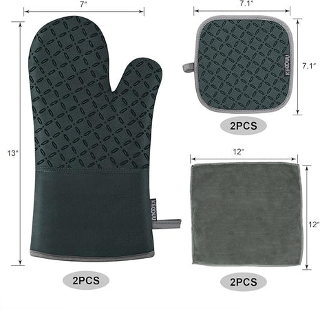 KEGOUU Oven Mitts and Pot Holders 6pcs Set, Kitchen Oven Glove High Heat Resistant 500 Degree Extra Long Oven Mitts and Potholder with Non-Slip Silicone Surface for Cooking (Deep Green)
