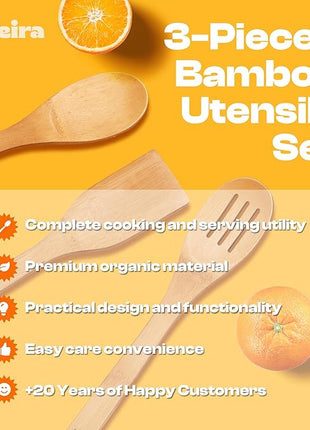 Riveira Bamboo Wooden Spoons for Cooking 3-Piece, Apartment Essentials Wood Spatula Spoon Nonstick Kitchen Utensil Set Premium Quality Housewarming Gifts for Everyday Use