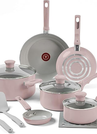 T-Fal Refresh Ceramic Nonstick Cookware Set, 12-Piece Ceramic Pots and Pans Set, Oven Safe to 350°F, Includes Stockpot, Griddle, Frying Pans, & Utensils, Dusty Rose