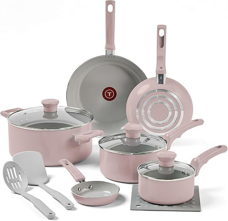 T-Fal Refresh Ceramic Nonstick Cookware Set, 12-Piece Ceramic Pots and Pans Set, Oven Safe to 350°F, Includes Stockpot, Griddle, Frying Pans, & Utensils, Dusty Rose