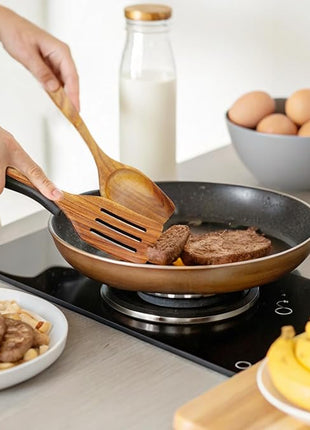 FJNATINH 2 Pcs Wooden Spatula Set for Cooking, Natural Teak Spatula and Slotted Turner for Non-stick Cookware, Kitchen Cooking Utensils for Frying Flipping Pancake Spatula