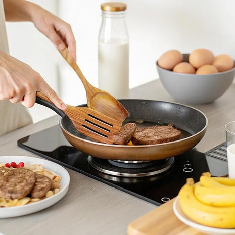 FJNATINH 2 Pcs Wooden Spatula Set for Cooking, Natural Teak Spatula and Slotted Turner for Non-stick Cookware, Kitchen Cooking Utensils for Frying Flipping Pancake Spatula