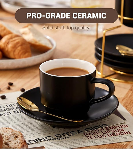 Lareina 8 Ounce Porcelain Cappuccino Cups Set of 4, Stackable Coffee Cups with Saucers, Spoons and Metal Stand -for Specialty Coffee Drinks, Cappuccino, Latte, Americano and Tea, Black