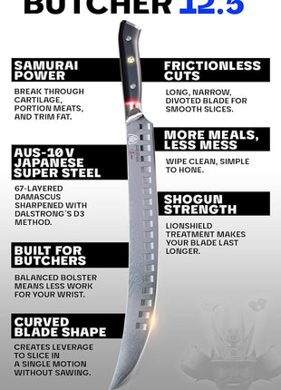 DALSTRONG Butcher Knife - 12.5 inch Slicer - Shogun Series ELITE - Japanese AUS-10V Super Steel - Black G10 Handle - Vacuum Treated Cimitar Meat Breaking Knife Gift - Sheath Included