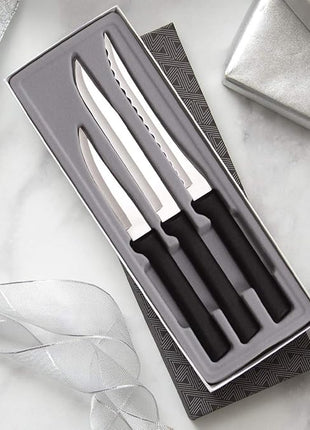 Rada Cutlery 3-Piece Cooking Essentials Knife Gift Set (G249), Stainless Steel Hollow Ground Blades, Made in USA, Black Handles