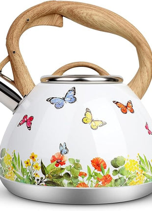 Tea Kettle, Toptier Teapot Whistling Kettle with Wood Pattern Handle Loud Whistle, Food Grade Stainless Steel Tea Pot for Stovetops Induction Water Kettle, 2.7-Quart Butterfly