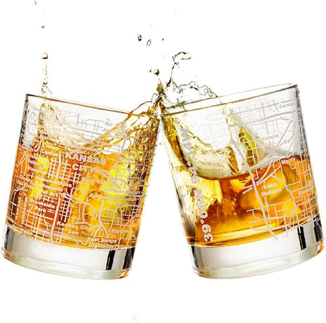 Greenline Goods Whiskey Glasses - 10 Oz Tumbler Set for Kansas lovers, Etched with Kansas City Map Old Fashioned Rocks Glass - Set of 2