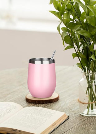 MEZMUT 12oz Insulated Wine Tumbler with Lid Double Wall Vacuum Stainless Steel Wine Glass Coffee Mug Insulated Tumbler Cup for Champaign, Cocktail, Beer (Pink, 1 Pack)