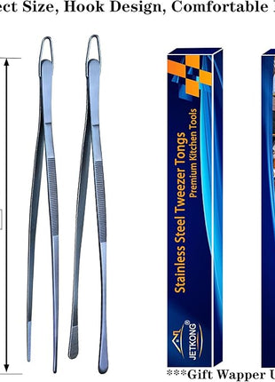 JETKONG 2 Pcs 12-Inch Cooking Tweezer Tongs Stainless Steel Kitchen Tweezers Plating Tongs (Navy Blue)