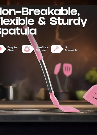 Silicone Spatula Set - Turner Spatulas Silicone Heat Resistant 600°F - Slotted & Solid Spatula for Cooking Fish, Eggs, Pancakes Flipper – Spatulas for kitchen use – Pink