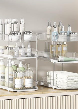 Delamu 2 Sets of 3-Tier Bathroom Under Sink Organizers and Storage, Multi-Purpose Stackable Pantry Organization and Storage, Pull Out Clear Kitchen Bathroom Cabinet Organizer with Movable Dividers