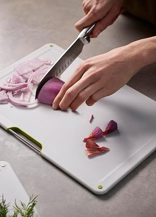 Joseph Joseph Folio 4-Piece Color-Coded Chopping Board Set, Stainless Steel Slimline Case for Organized Kitchen Storage, Light Stone