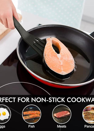 HOTEC 600℉ Heat Resistant Silicone Slotted Fish Turner Spatula Set, BPA Free Flipper Cooking Spatulas, for Non Stick Cookware Dishwasher Safe, Black