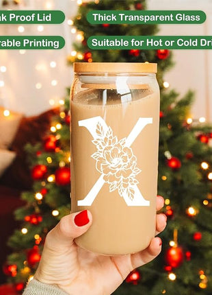 Coolife Initial Glass Cup, Monogrammed Gifts for Women, 16 oz Glass Cups w/Lids Straws, Iced Coffee Smoothie Beer Tumbler w/Straw Lid - Personalized Christmas, Birthday Gifts for Her Mom Friend Woman
