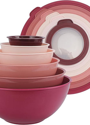 COOK WITH COLOR Mixing Bowls with TPR Lids - 12 Piece Plastic Nesting Bowls Set includes 6 Prep Bowls and 6 Lids, Microwave Safe (Rose)