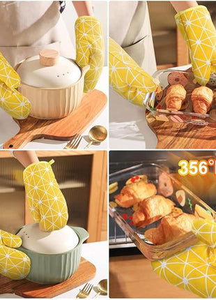 AUAUY Oven Mitts and Potholders BBQ Gloves-Oven Mitts and Pot Holders with Recycled Infill Silicone Non-Slip Cooking Gloves for Cooking Baking Grilling (6-Piece Set,Yellow)