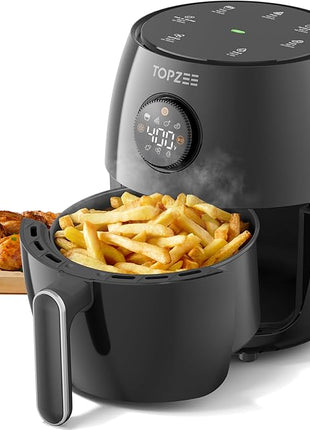 Topzee Small Air Fryer, 2.1QT Mini Compact 4-in-1 Air Fryer for 1–2 People, 98% Less Oil, Adjustable Temp & 60Min Timer, Quiet, Nonstick Dishwasher Safe, BPA-Free, Dark Grey
