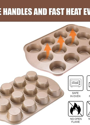 Nonstick Muffin & Cupcake Pan Set (2 Pack) - 12 Cup Regular + 24 Cup Mini Muffin Tins | Heavy Duty Gold Carbon Steel, Rust-Resistant, Easy Release