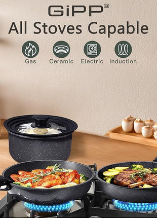 GiPP Ceramic Pots and Pans Set Non Stick, Nonstick Detachable Handle Cookware Sets, Healthy Non Toxic PFAS PFOA & PTFE Free, Dishwasher ＆Oven Safe, Induction Kitchen Pot and Pan, 15 Piece Grey