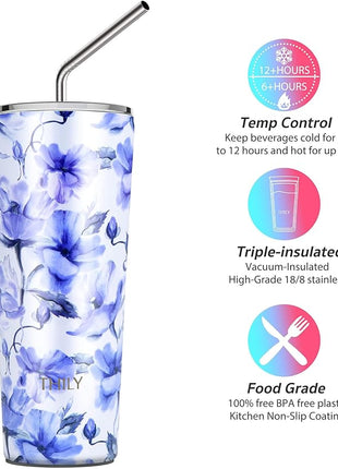 THILY Stainless Steel Vacuum Insulated Tumbler 26 oz Triple-Insulated Travel Mug with Splash-Proof Lid, for Iced Coffee and Hot Beverage, Iridaceae + Red Lotus
