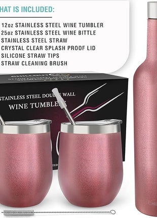 CHILLOUT LIFE 12 oz Stainless Steel Wine Tumblers 2 Pack & 1 Insulated Wine Bottle - Double Wall Vacuum Insulated Wine Glasses Cups with Lids and Straws Set Keeping Cold & Hot Gift Set - Rose Gold